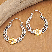 Gold-accented sterling silver hoop earrings, 'Frangipani Soul' - Frangipani 18k Gold-Accented Sterling Silver Hoop Earrings