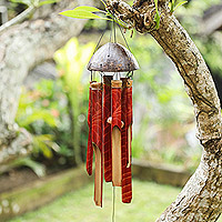 Bamboo and coconut shell wind chime, 'Red Rhythm' - Handcrafted Red Bamboo and Coconut Shell Wind Chime