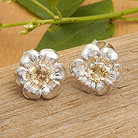 Cubic Zirconia Stud Earrings, 'Success Blossom' - Floral Stud Earrings Crafted from Sterling Silver