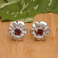 Garnet stud earrings, 'Passion Blossom' - Floral Garnet Stud Earrings Crafted from Sterling Silver