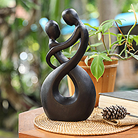 Wood sculpture, 'Staring at You' - Abstract Romantic Suar Wood Sculpture in a Black Hue