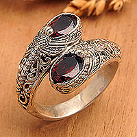 Garnet cocktail ring, 'The Crimson Change' - Dragonfly-Themed Traditional One-Carat Garnet Cocktail Ring