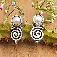 Cultured pearl drop earrings, 'Innocence Swirls' - Sterling Silver Swirl Drop Earrings with Grey Pearls