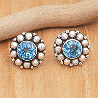 Blue topaz button earrings, 'Azure Fancy Flower' - Blue Topaz Button Earrings with Sterling Silver Beads