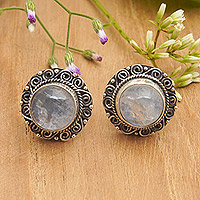 Rainbow moonstone button earrings, 'Harmonious Balinese' - Balinese Floral Natural Rainbow Moonstone Button Earrings