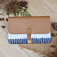 Faux leather and cotton clutch, 'The Lake' - Blue Faux Leather and Cotton Clutch with Button Closure