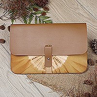 Faux leather and cotton clutch, 'The Dandelion' - Brown Faux Leather and Cotton Clutch with Button Closure