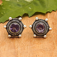Amethyst stud earrings, 'Purple Universe' - Polished Amethyst Stud Earrings Crafted from Sterling Silver