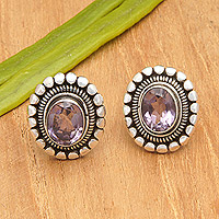 Amethyst button earrings, 'Dreamy Purple' - Sterling Silver Button Earrings with Oval Amethyst Stone