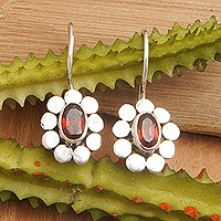 Garnet drop earrings, 'Sparkling Bloom in Red' - Polished Sterling Silver Drop Earrings with Garnet Gems