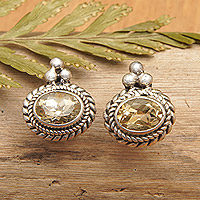 Citrine button earrings, 'Dame's Success' - Beaded and Braided Sterling Silver Citrine Button Earrings