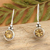 Citrine drop earrings, 'Unique Brilliance' - Sterling Silver Drop Earrings with Round Citrine Stone