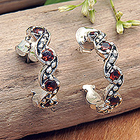 Garnet half-hoop earrings, 'Red Sparkles' - Oxidized 925 Silver Half-Hoop Earrings with Garnet Stones