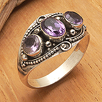Amethyst multi-stone ring, 'Purple Enchantment' - Sterling Silver Multi-Gemstone Ring with Amethysts from Bali