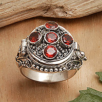 Garnet locket ring, 'Candlelight Red' - Sterling Silver Locket Ring Topped with 5 Garnet Stones