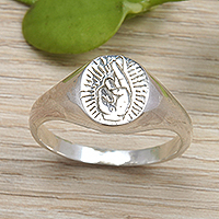 Sterling silver signet ring, 'Icon of Peace' - Polished Sterling Silver Signet Ring with Peace Symbol