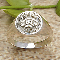 Sterling silver signet ring, 'Icon of Mysticism' - Polished Sterling Silver Signet Ring with Mystic Eye Symbol