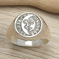 Sterling silver signet ring, 'Icon of Universe' - Polished Sterling Silver Signet Ring with Moon and Sun Sign