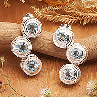 Blue topaz button earrings, 'Brilliant Summer' - Modern Blue Topaz and Sterling Silver Button Earrings
