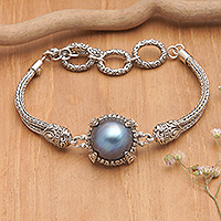 Cultured pearl pendant bracelet, 'Peaceful Force' - Traditional Sterling Silver Pendant Bracelet with Blue Pearl