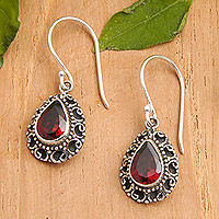 Garnet dangle earrings, 'Luxurious Winds in Red' - Sterling Silver Dangle Earrings with Two-Carat Garnet Gems