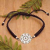 Sterling silver macrame pendant bracelet, 'Chocolate Serenity' - Floral Chocolate Macrame Bracelet with Polished Pendant