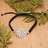 Sterling silver macrame pendant bracelet, 'Night Serenity' - Floral Black Macrame Bracelet with Polished Pendant