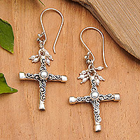 Cultured pearl dangle earrings, 'Innocence Cross' - Cross Dangle Earrings with Grey and White Cultured Pearls