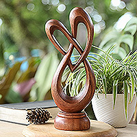 Wood sculpture, 'Evergreen Love' - Heart-Shaped Suar Wood Sculpture in a Natural Brown Hue