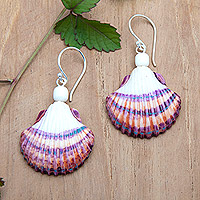 Hand-painted dangle earrings, 'Marine Feelings' - Seashell-Shaped Dangle Earrings Painted by Hand from Bali