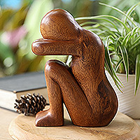 Wood sculpture, 'Lonely' - Hand-Carved Suar Wood Sculpture Crafted in Bali