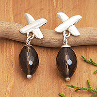 Smoky quartz dangle earrings, 'Secret Date' - Modern Sterling Silver Dangle Earrings with Quartz Beads