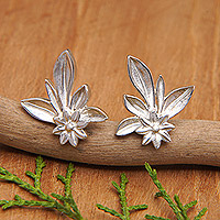 Sterling silver button earrings, 'Love Suddenly' - Floral and Leaf-Themed Sterling Silver Button Earrings