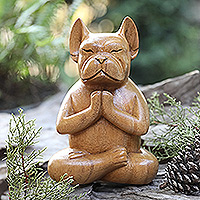 Wood sculpture, 'Gratitude at Day' - Hand-Carved Brown Suar Wood French Bulldog Sculpture