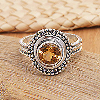 Citrine cocktail ring, 'Exquisite Brilliance' - Sterling Silver Cocktail Ring with Round Citrine Stone
