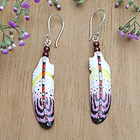 Garnet beaded dangle earrings, 'Wisdom Feathers' - Handcrafted Purple Feather Dangle Earrings with Garnet Beads