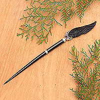 Amethyst and horn hair pin, 'Always Stunning' - Amethyst Horn Sterling Silver Feather Hair Pin from Bali