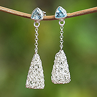 Blue topaz dangle earrings, 'Nest of Loyalty' - Modern Sterling Silver Dangle Earrings with Blue Topaz Gems