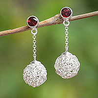 Garnet dangle earrings, 'Nesting Ball' - Modern Sterling Silver Dangle Earrings with Garnet Stones