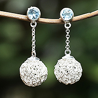 Blue topaz dangle earrings, 'Blue Nesting Ball' - Modern Sterling Silver Dangle Earrings with Blue Topaz Gems