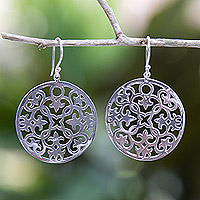 Sterling silver dangle earrings, 'Morning Spring' - Classic Round Sterling Silver Dangle Earrings from Bali