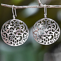Sterling silver dangle earrings, 'Eden of Love' - Traditional Leafy Round Sterling Silver Dangle Earrings