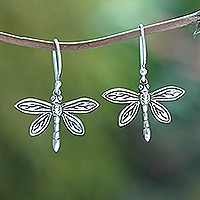 Sterling silver dangle earrings, 'Heaven's Dragonfly' - Dragonfly-Shaped Sterling Silver Dangle Earrings from Bali