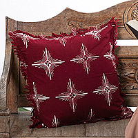 Cotton batik cushion cover, 'Brightest Cherry Star' - Star-Themed Cherry Cotton Batik Cushion Cover with Fringes