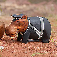 Wood figurine, 'Hippo Police' - Hand-Painted Policeman Hippo Suar Wood Figurine