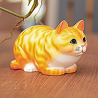 Wood figurine, 'Jolly Kitten' - Handcrafted Kitten Suar Wood Figurine in Warm Hues