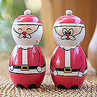 Recycled teak figurines, 'Little Santas' (pair) - Pair of Hand-Painted Recycled Teak Santa Figurines from Java