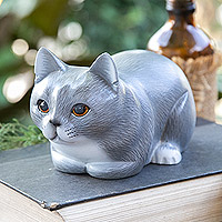 Wood figurine, 'Grey Kitty' - Hand-Painted Suar Wood Figurine of Grey Cat from Bali