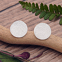 Sterling silver stud earrings, 'Novel Core' - Brushed-Satin-Finished Round Sterling Silver Stud Earrings