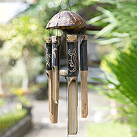 Bamboo and coconut shell wind chime, 'Bali's Rhythm' - Animal-Themed Bamboo and Coconut Shell Wind Chime